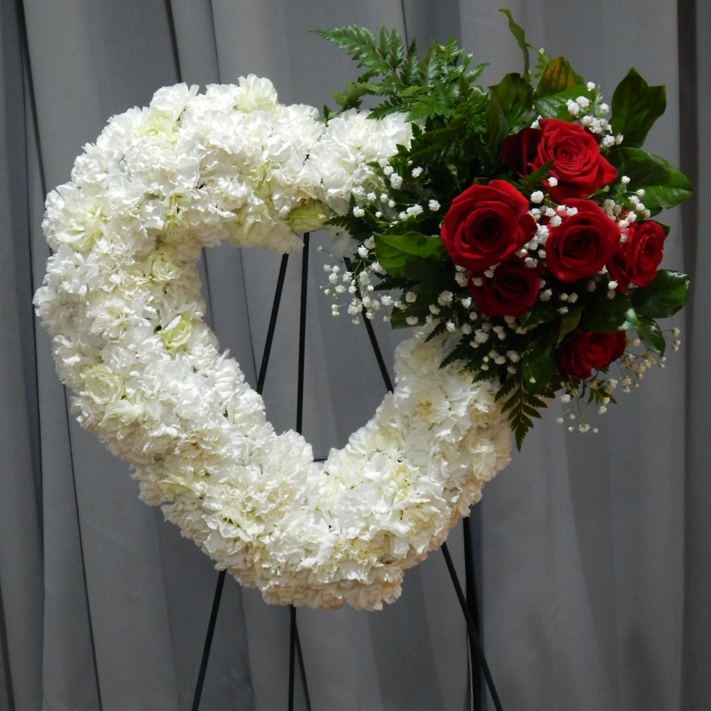 Red and White Heart Shaped Funeral Flowers